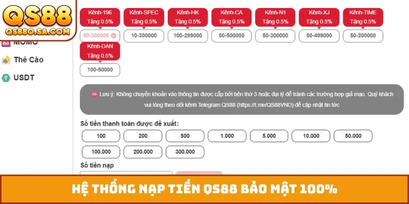 Hệ thống nạp tiền QS88 bảo mật 100%